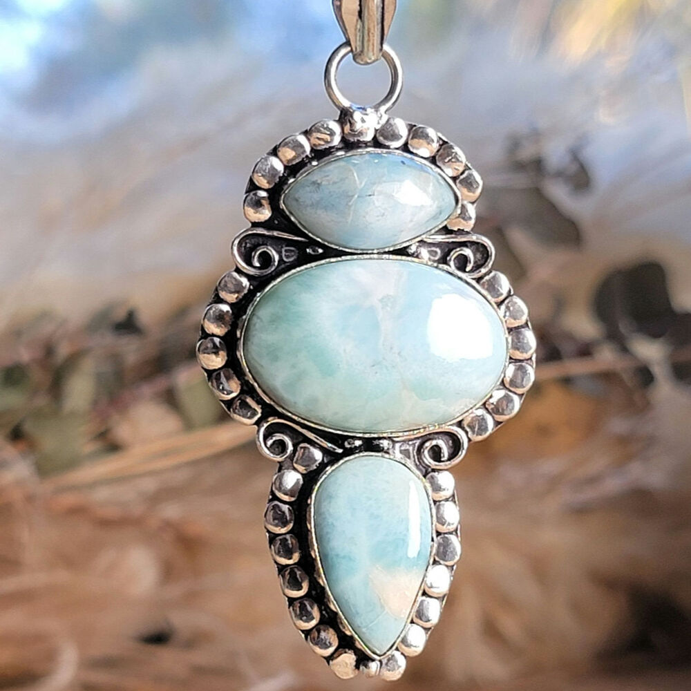 Exquisite Larimar Pendant, Sterling Silver Caribbean Blue Gemstone Necklace